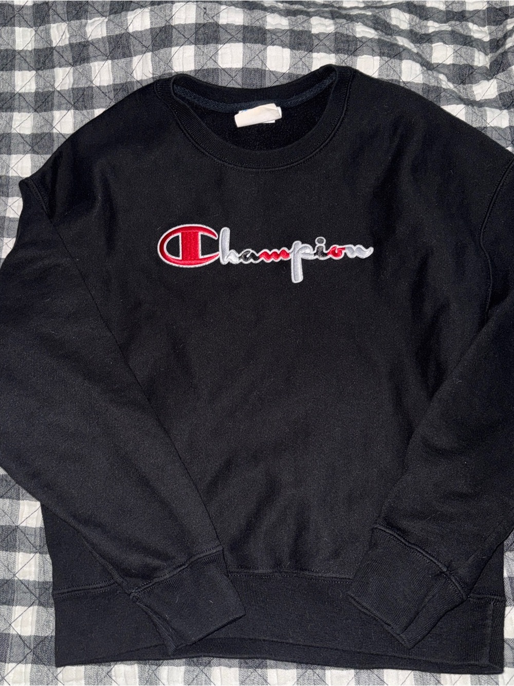 Vintage Champion Black Classic Script Logo Crewneck Sweatshirt with Red - Large